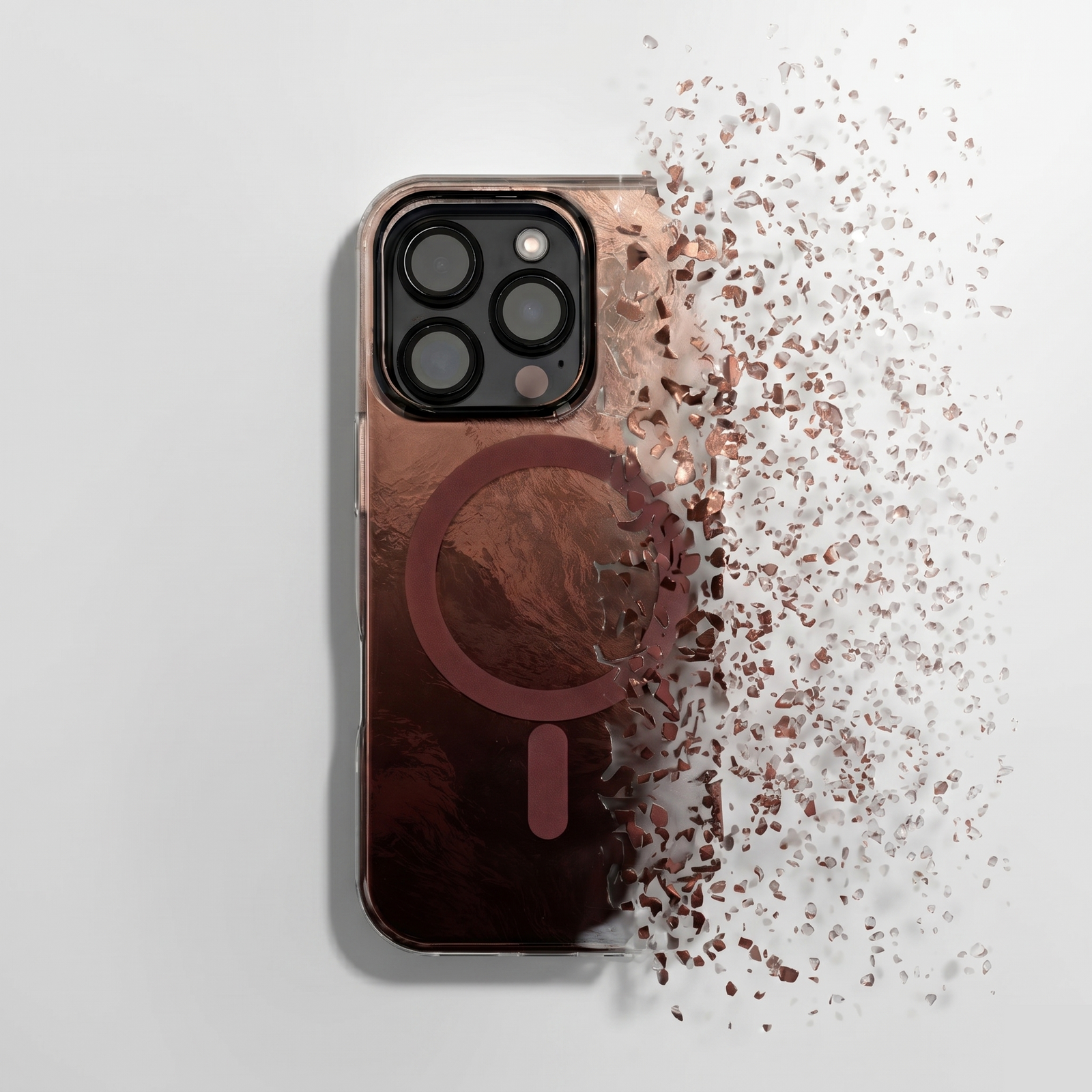 Phone case with wooden design and glitter on a light gray background
